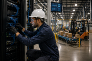 Field technician working on IT infrastructure inside a warehouse facility