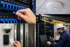 Structured cabling, network equipment, and access control devices in an industrial facility