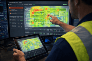 Technician reviewing a live warehouse wireless heatmap and device telemetry on a network operations dashboard