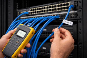 Structured cabling patch panel and PoE switch with technician testing and labeling cables
