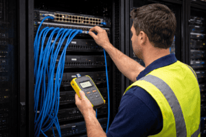 Technician mounting a wireless access point with structured cabling and labeled patch panel visible