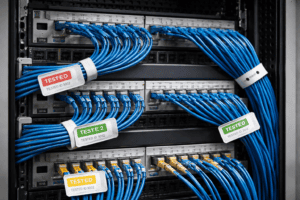 Onsite IT support technician using a laptop to troubleshoot a production line network connection.