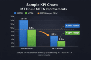 Chart comparing MTTR and MTTA before and after a pilot, showing reduced resolution and response times, with clear labels, a dashed target line at 8 hours, and percentage improvement callouts.