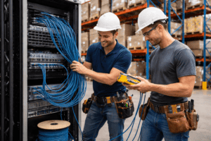 Warehouse IT infrastructure with technicians installing structured cabling and network equipment.