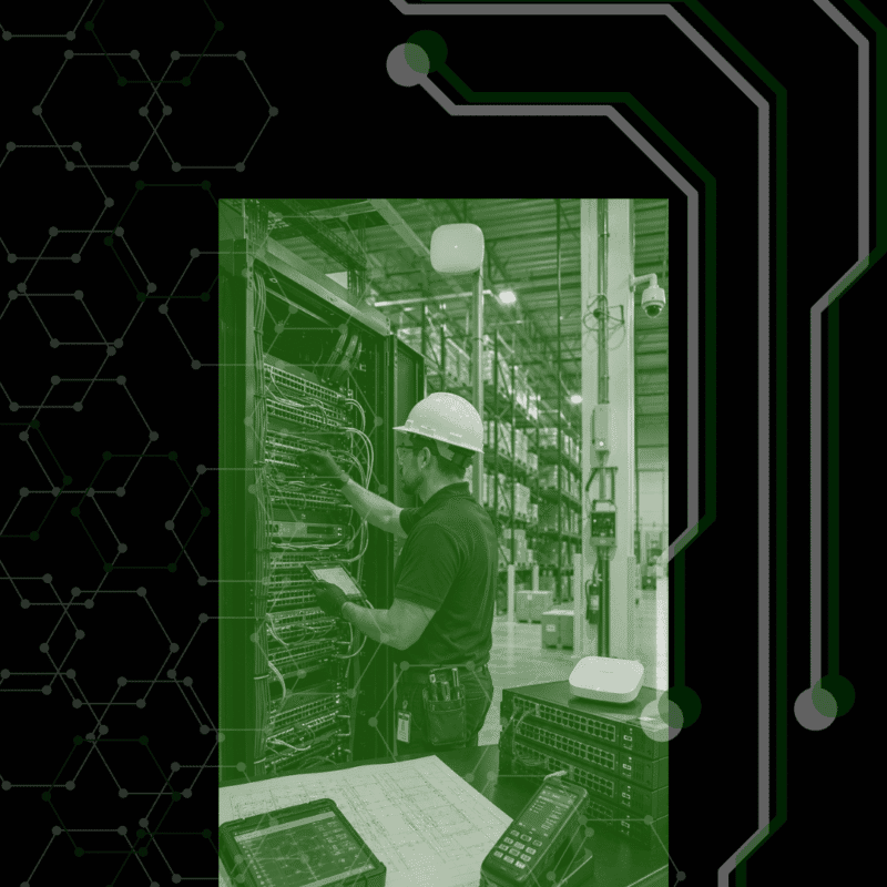 Technician working on warehouse IT infrastructure with network equipment, wireless access points, and site plans for multi-site IT standardization.