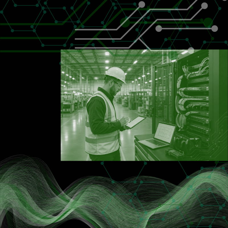 Technician planning a warehouse network deployment with network racks, cabling, and digital infrastructure graphics.