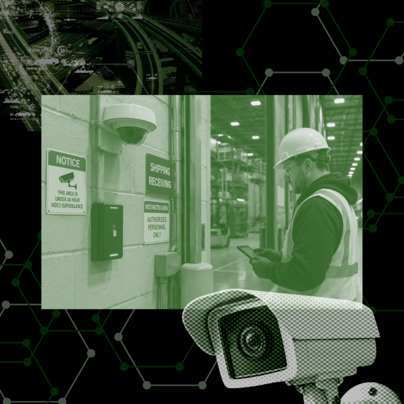 Access control system with security camera, badge reader, and technician at a warehouse shipping and receiving entrance.
