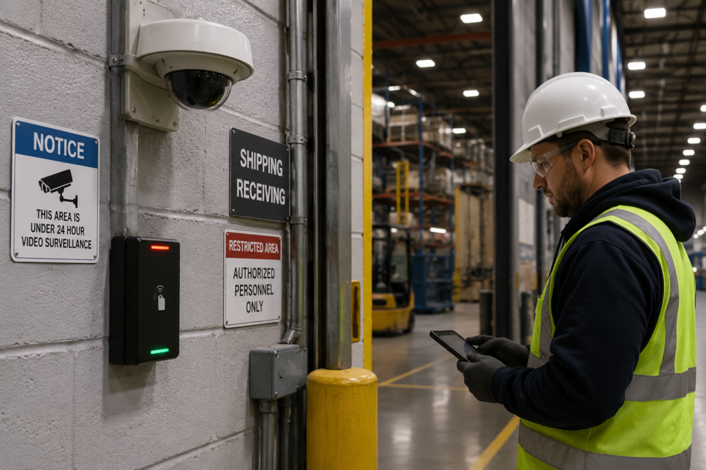 Access control system with badge reader and camera at a warehouse facility entrance