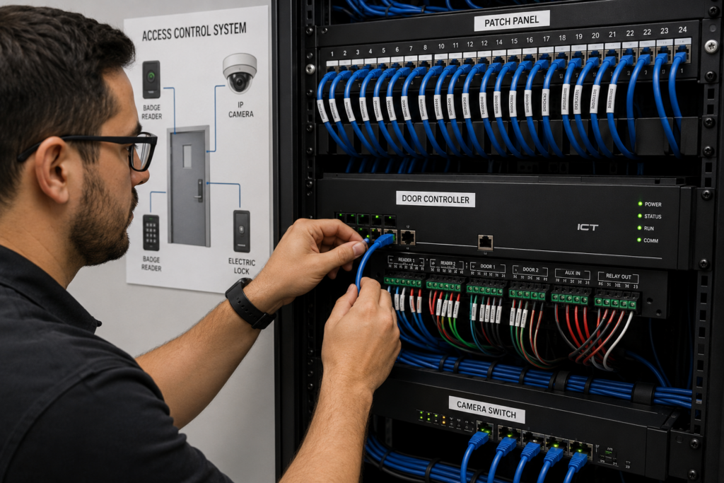 Structured cabling and network equipment supporting access control devices in a warehouse