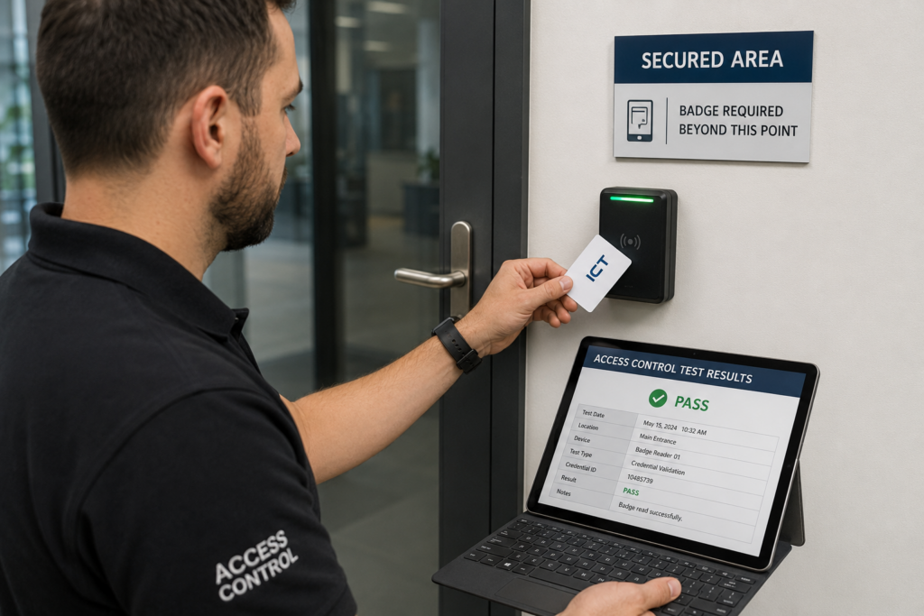 Onsite IT support technician testing an access control badge reader before go-live