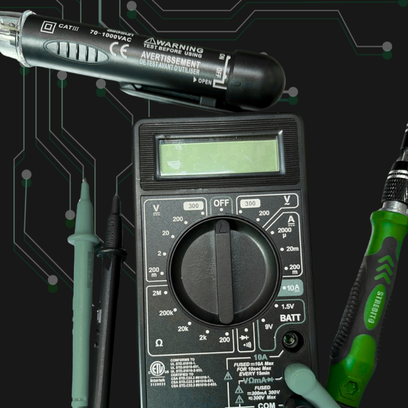 Digital multimeter and testing tools used for IT infrastructure support in a healthcare office.
