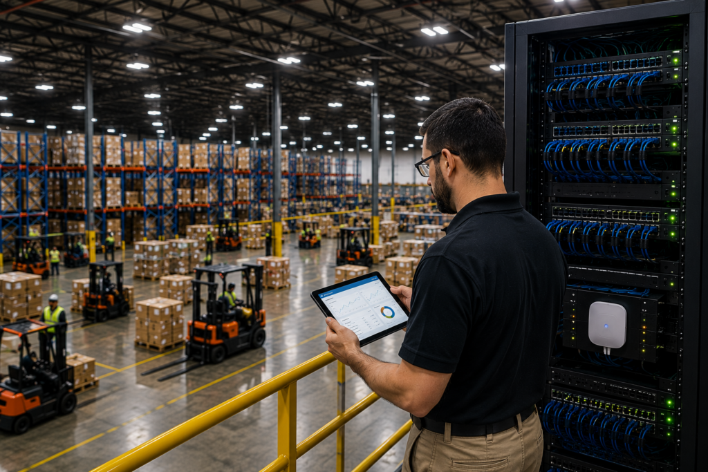 Technician reviewing warehouse IT infrastructure before a technology project