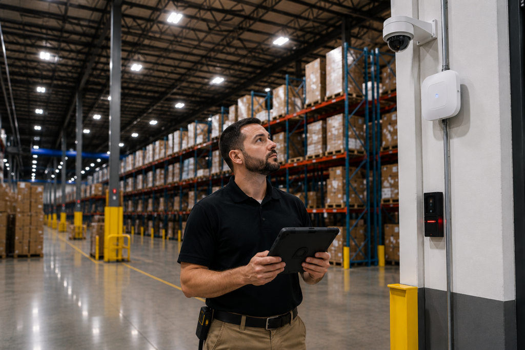 Onsite IT support technician checking warehouse infrastructure before deployment