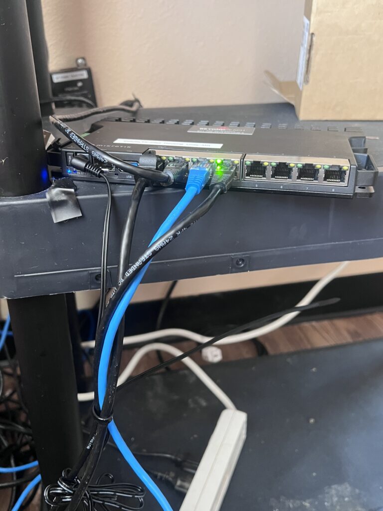 Network infrastructure equipment with connected cables supporting a small office network